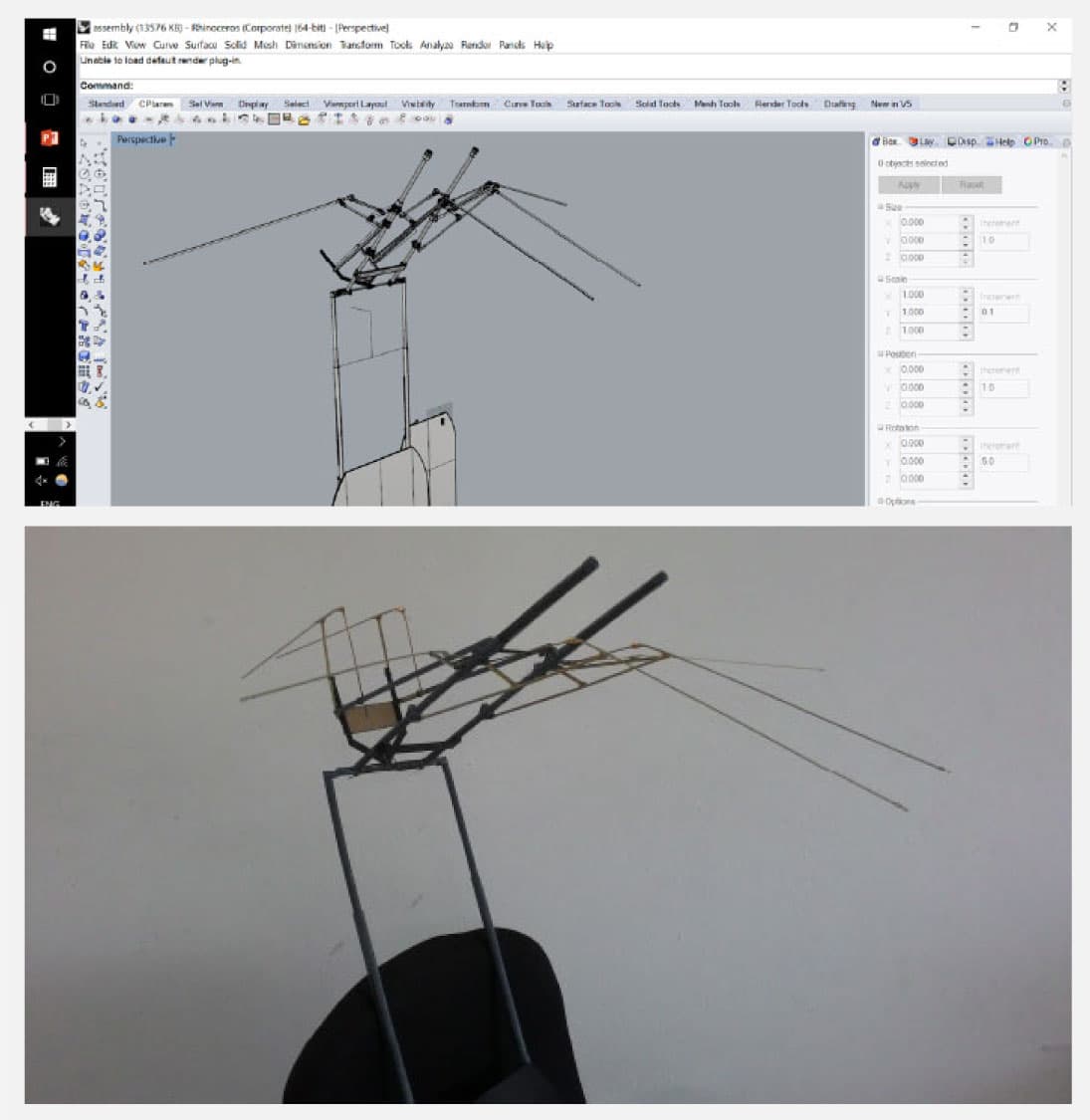 Modelling in Rhino, and the mock prototype built using umbrella parts and a few sticks.