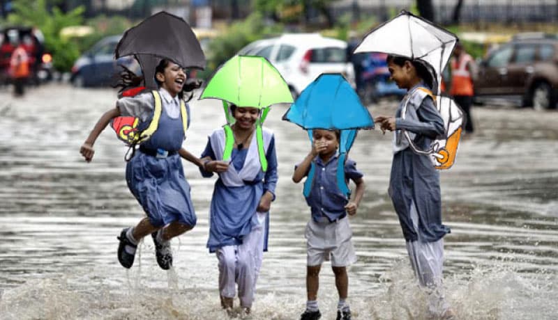 Illustration of school children wearing the Rain Bag and dancing in the rain
