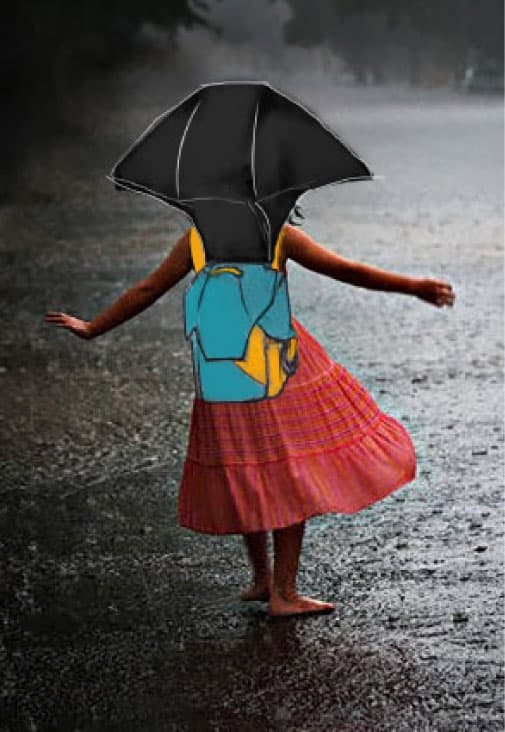 A school girl wearing the rain-bag and turned around.