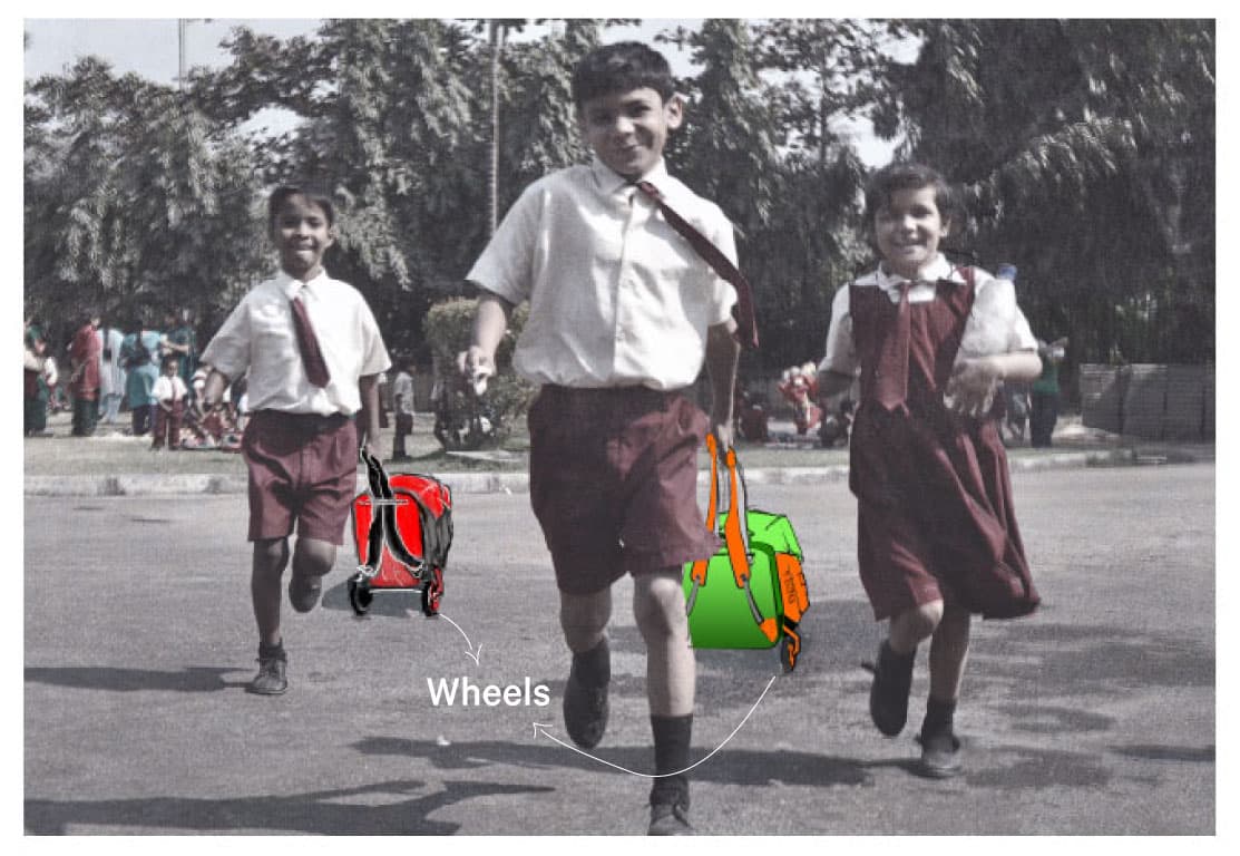 Children dragging their backpacks on the road to school, the backpacks have wheels